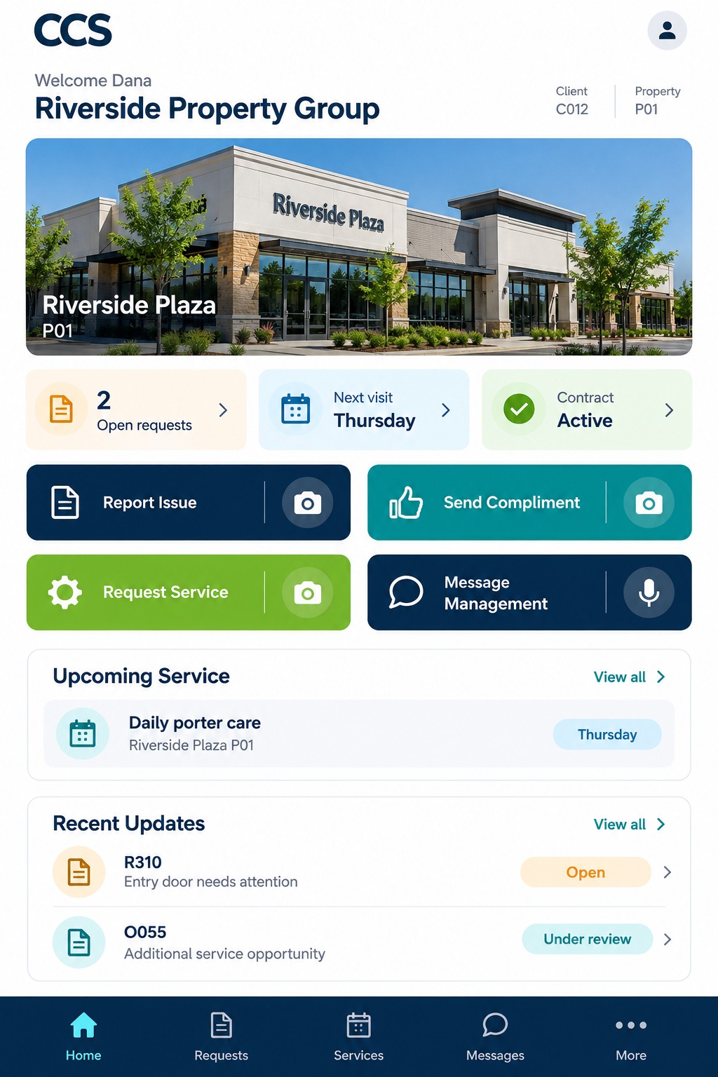 Illustrative CCS client portal showing a sample property, service requests, upcoming care, and messages.