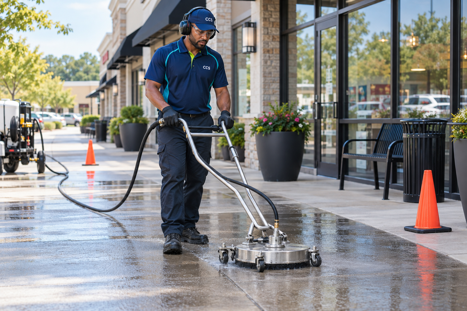 Worker using a circular surface cleaner on an exterior commercial walkway.