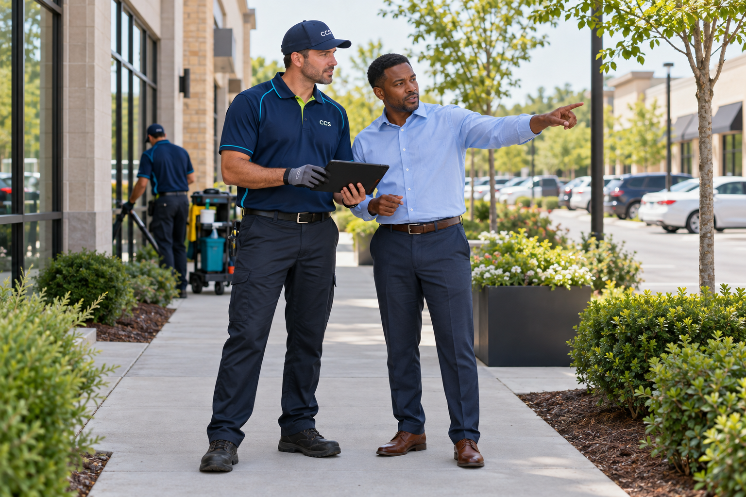 CCS supervisor and property manager discussing exterior care while reviewing a tablet outdoors.