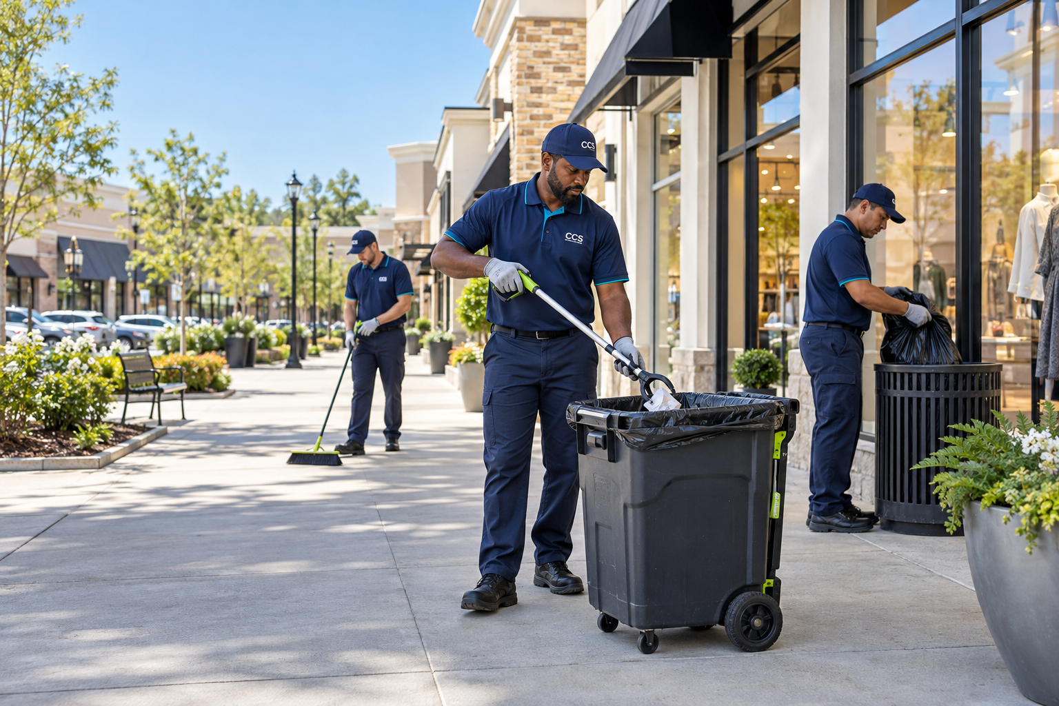 Exterior porter crew collecting litter and caring for outdoor common areas at a commercial property.