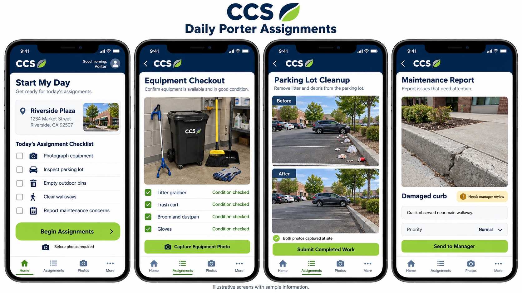 Illustrative CCS employee app screens showing assignments, equipment checks, exterior cleanup photos, and a maintenance report.